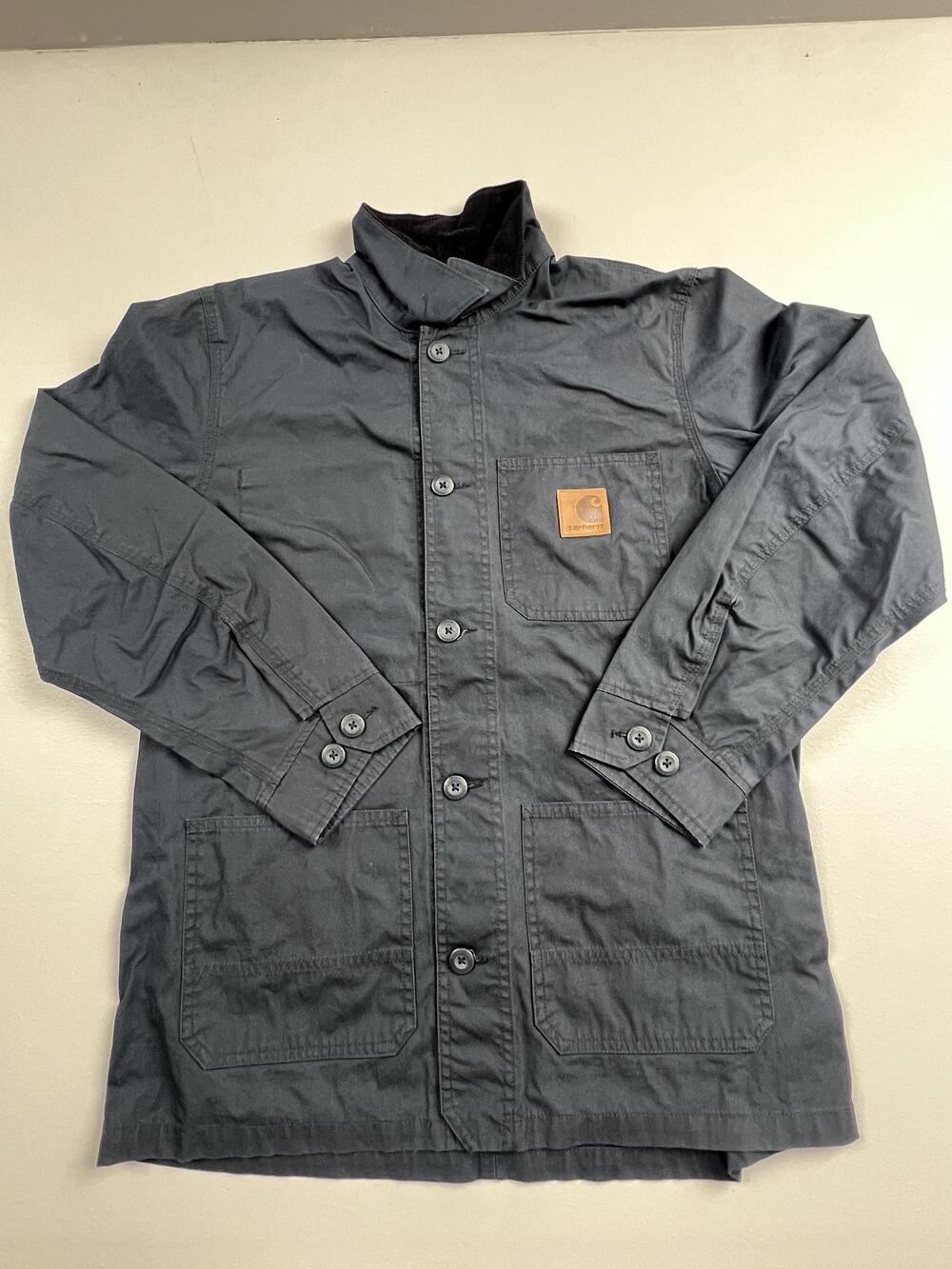 Carhartt Coat Jacket Mens M Gray Canvas Button Overcoat Logo Pockets Workwear